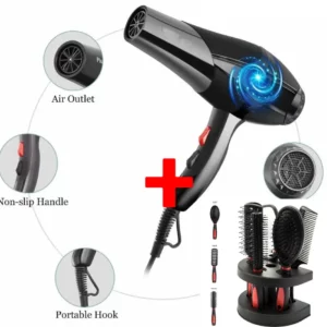Professional Hair Dryer with Bonus Red 5 Piece Salon Quality Hair Brush Set With Holder