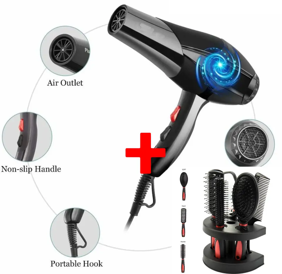 Professional Hair Dryer with Bonus Red 5 Piece Salon Quality Hair Brush Set  With Holder – Go 3D